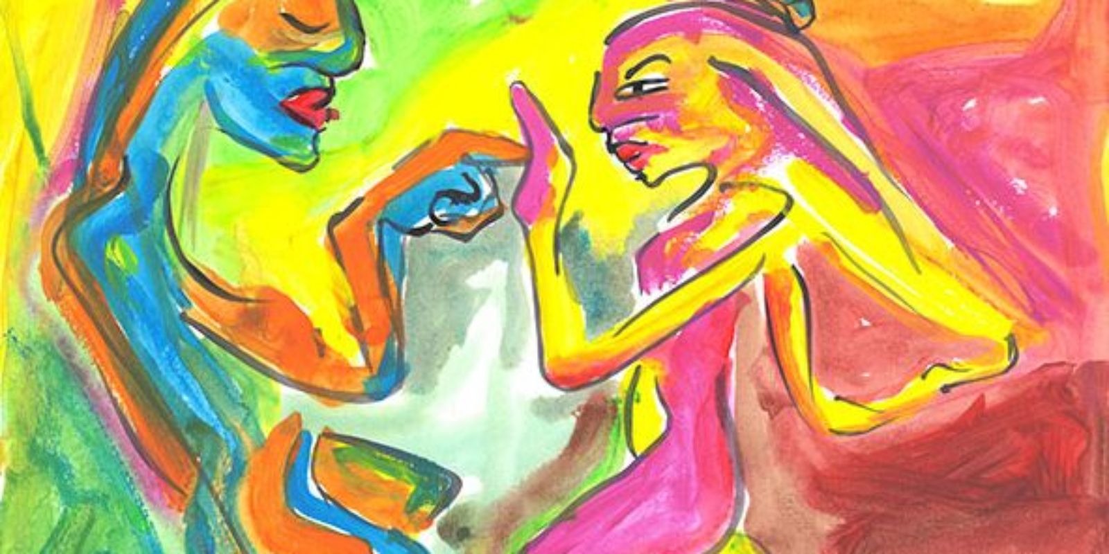 Buntes abstraktes Gemälde mit zwei dynamisch dargestellten Figuren in leuchtenden Farben, die sich gegenüberstehen.