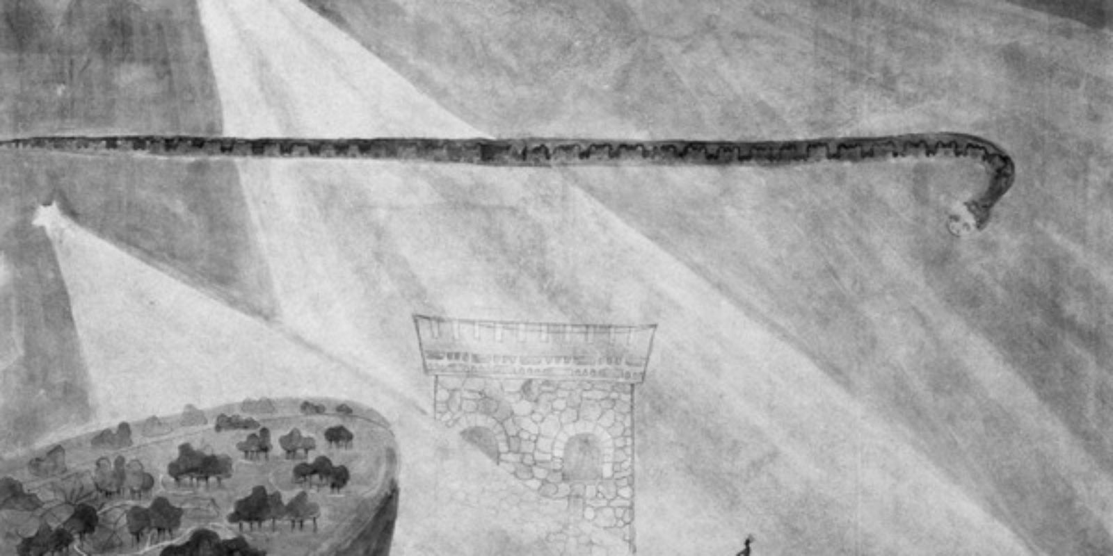 A symbolist watercolor shows starlight shining on a coastal landscape with a small person. An urban palace is visible in the background. A snake looks down on the person and the landscape.