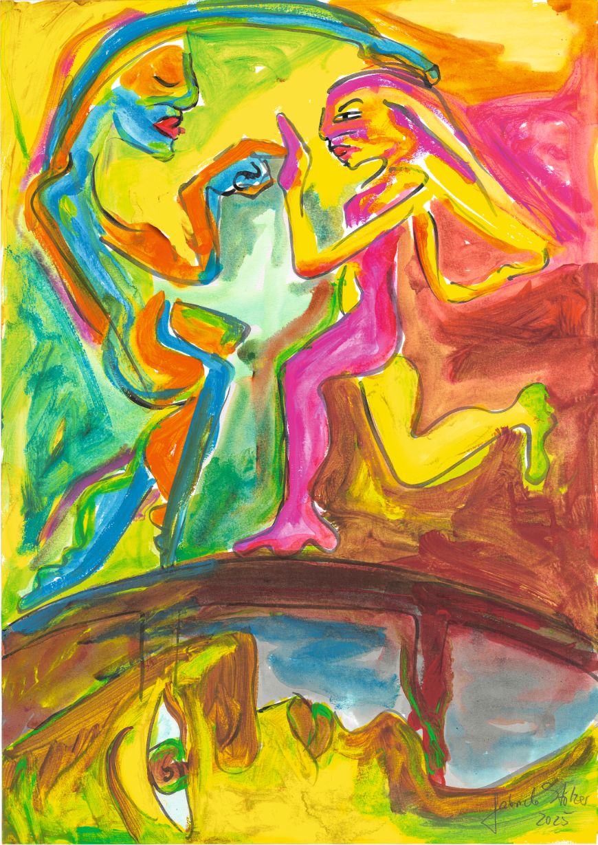 Colourful abstract painting featuring two dynamically posed figures facing each other in bright, vivid tones.