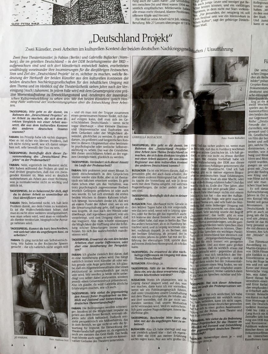 Aufnahme vom Artikel „Deutschland Projekt“ von Henning Fülle im Tagesspiegel, Ausgabe zu den 47. Berliner Festwochen vom 6. September 1997