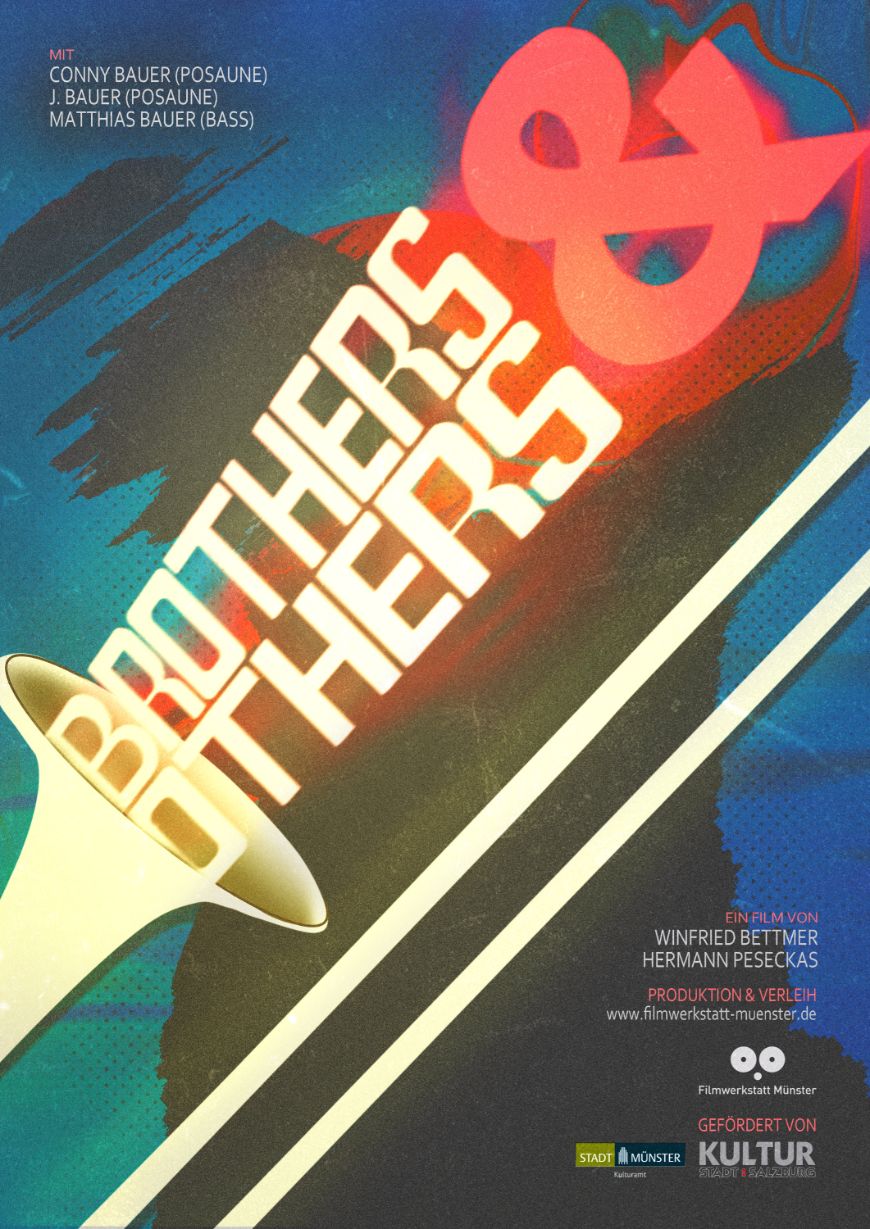 Graphic poster for the film “Brothers & Others” with the drawing of a trumpet, behind it a stylised dark person.