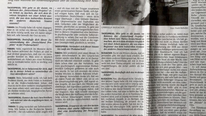 Aufnahme vom Artikel „Deutschland Projekt“ von Henning Fülle im Tagesspiegel, Ausgabe zu den 47. Berliner Festwochen vom 6. September 1997
