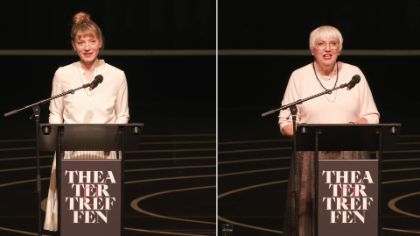 Collage von Yvonne Büdenhölzer und Claudia Roth am Rednerpult zur Eröffnung des Theatertreffen 2022